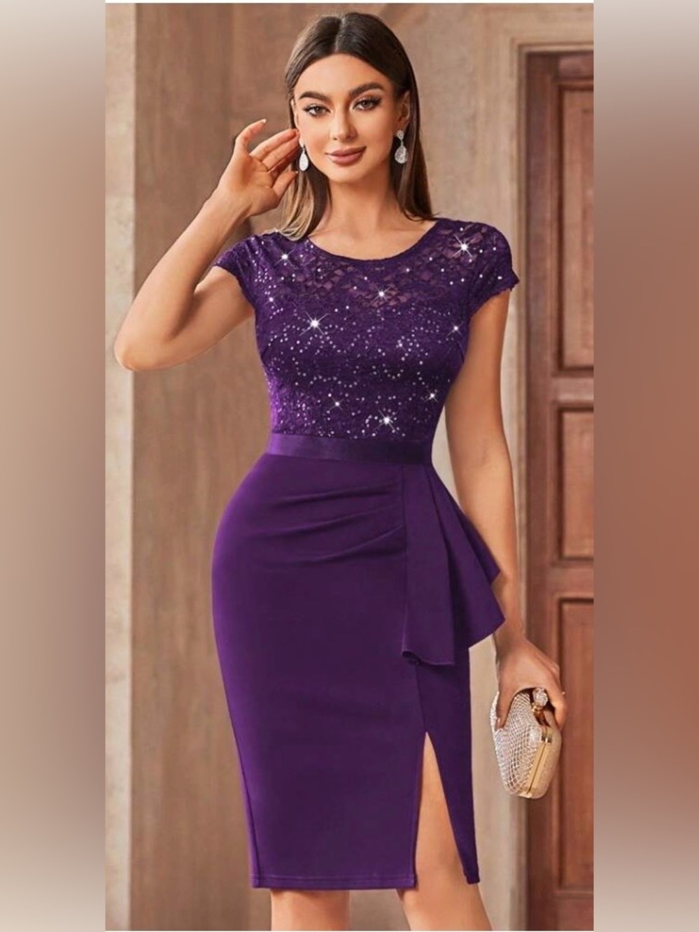Elegant Purple Lace & Sequin Sheath Dress - Size: Large